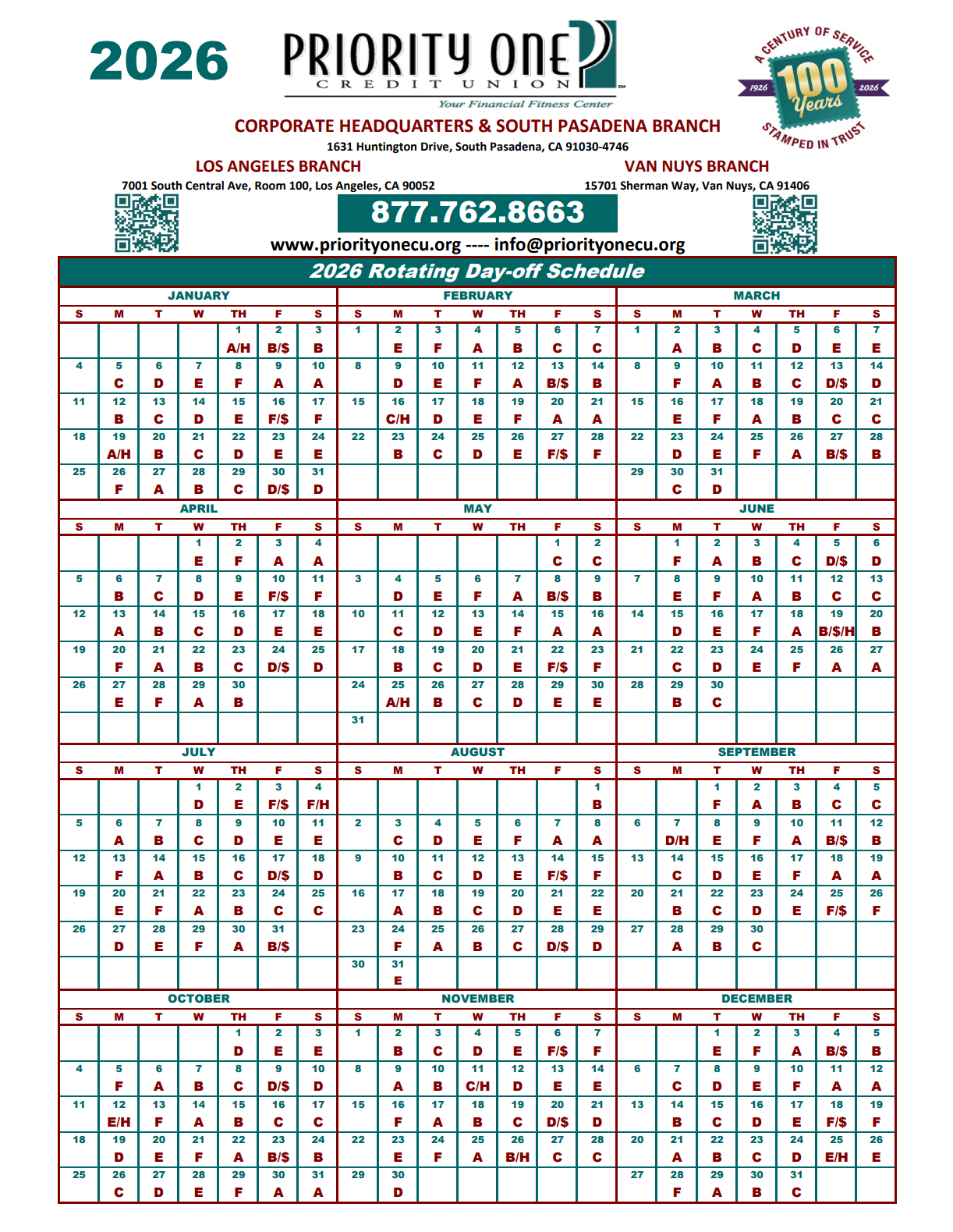 2026 Rotating Day Off Calendar